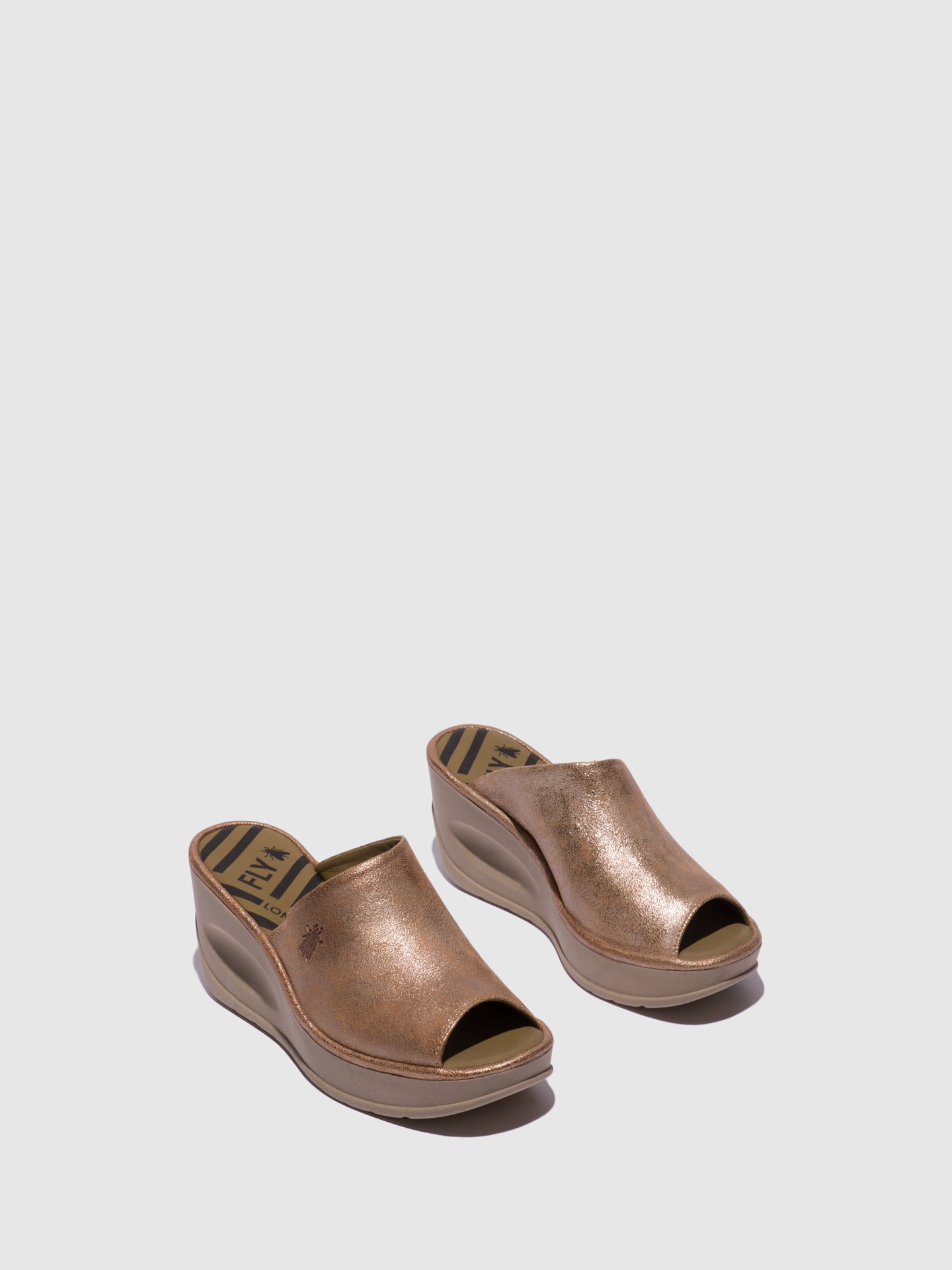 Fly London Gold Wedge Mules